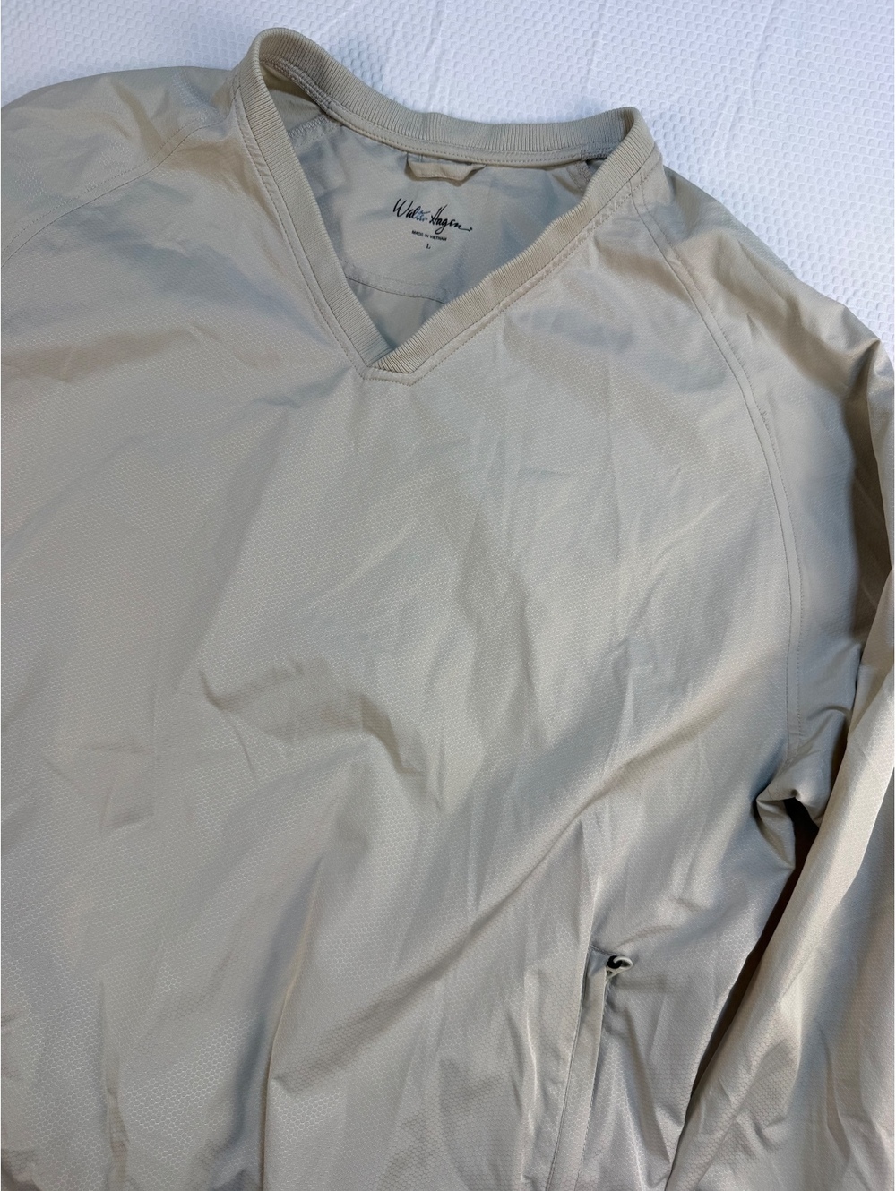 Walter Hagen Golf Windshirt Men L Beige V Neck Pullover Zip Pockets Drawcord